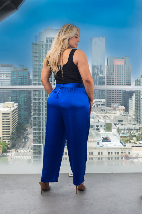 Plus Size Satin Palazzo Pants With Tie Front and 2 Pockets (173839) - Wholesale Fashion Couture 