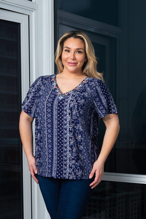 Plus Size V-Neck Printed Short Sleeve Top With embroidered flowers detail on Neck and tie Back (140803) - Wholesale Fashion Couture 