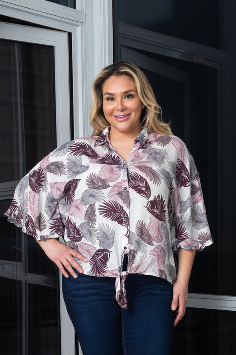 Plus Size Relax Fit Button Down Top Tropical Print With Vent Tie Front (140095) - Wholesale Fashion Couture 