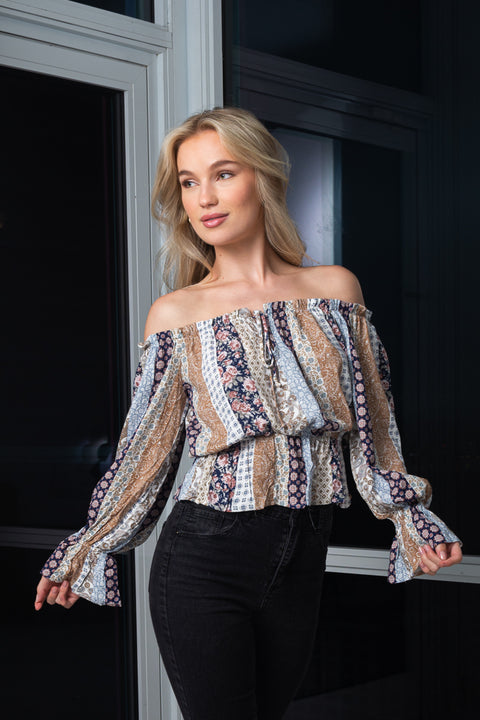 Long Sleeve Off The shoulder Printed Crop top (T7-544) - Wholesale Fashion Couture 
