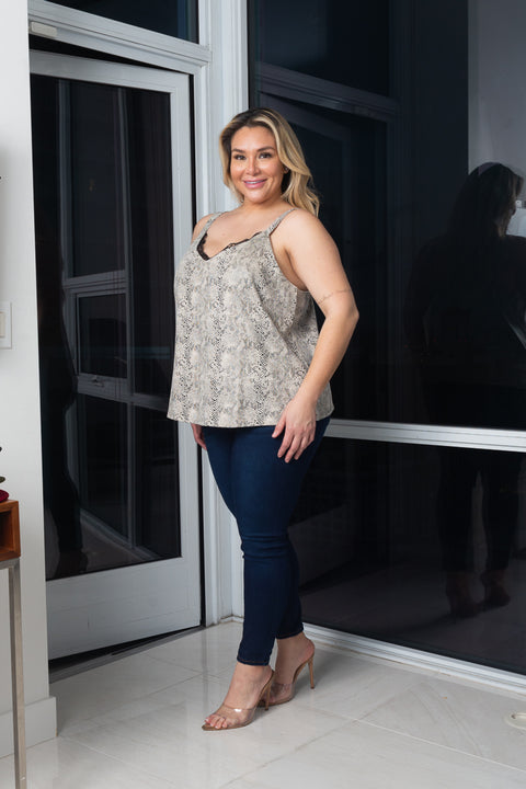 Plus Size Animal Print Suede Tank Top W/Black Lace detail on Chest and Front Lining (141592) - Wholesale Fashion Couture 
