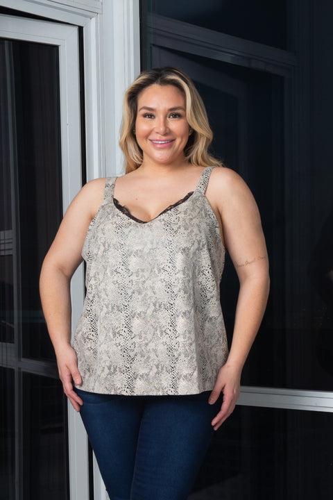 Plus Size Animal Print Suede Tank Top W/Black Lace detail on Chest and Front Lining (141592) - Wholesale Fashion Couture 