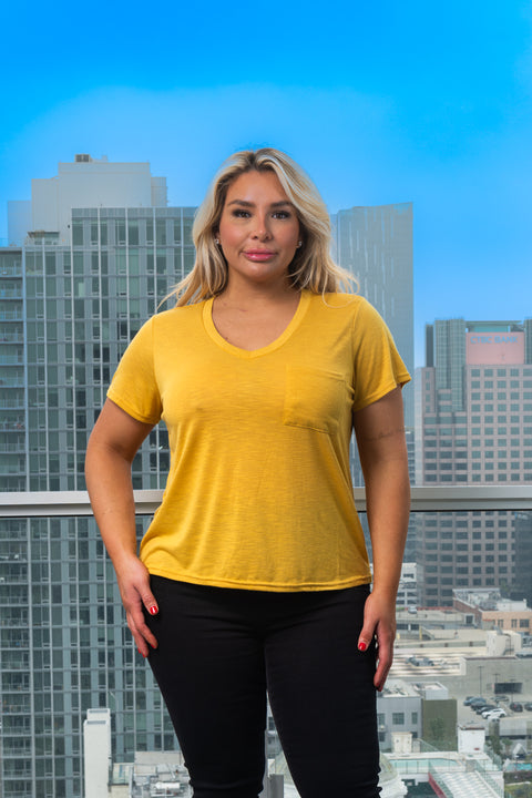 Plus Size Soft V-Neck Short Sleeve Tee Shirt with Front Pocket* (K67053X) - Wholesale Fashion Couture 