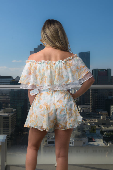 2PC. Set- Floral Print  Full Lining Short Set / Off The shoulder Double Ruffle Crop Top and Mini Shorts With Wide Belt and Back Zipper  (CS17184) - Wholesale Fashion Couture 