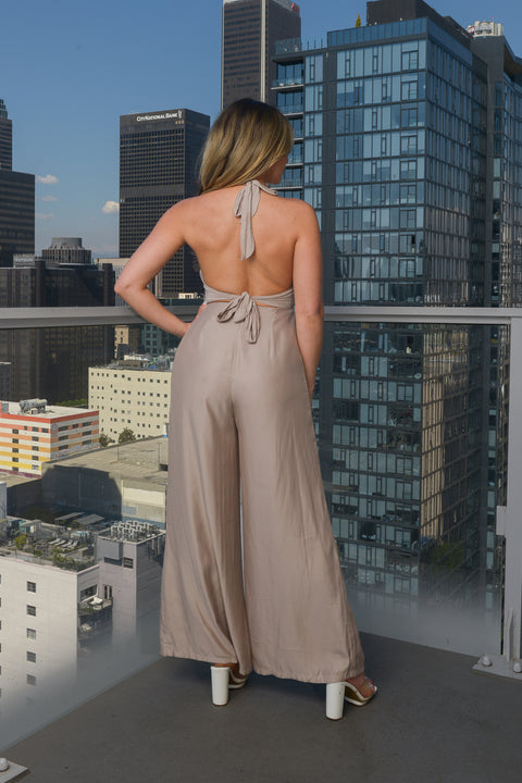 Heavenly' Halter Neck Flare Leg Jumpsuit With Cutout Midriff Tie Back and full lining  (JP7-2206) - Wholesale Fashion Couture 
