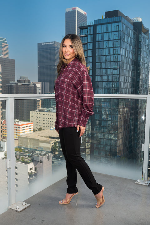 Plaid Long Cuffed Sleeve Button Down Top In Burgandy (T17505M) - Wholesale Fashion Couture 