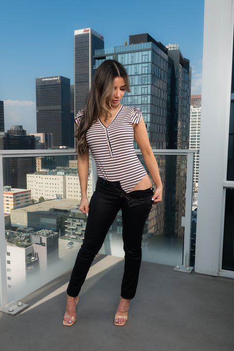 Short Sleeve Striped Print V-Neck Body Suit With 5 Front Buttons (2925T19067) - Wholesale Fashion Couture 