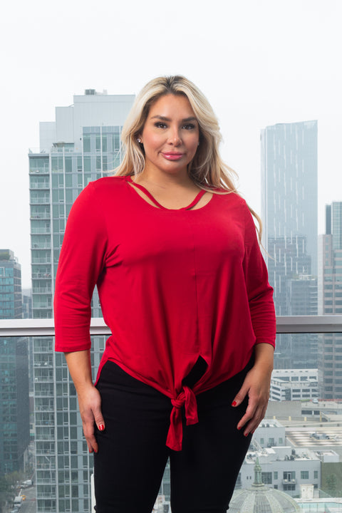 Plus Size 3/4 Sleeve Round Neck Top with Cut Out Detail and Vented Tie Front in Red (FK181312W) - Wholesale Fashion Couture 