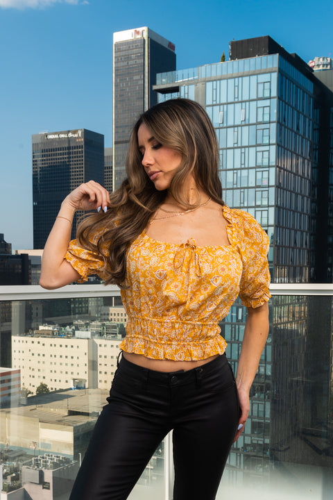 Floral Printed Short Puff Sleeve Crop Top With Elastic On Waist In Mustard (T16289C-1) - Wholesale Fashion Couture 