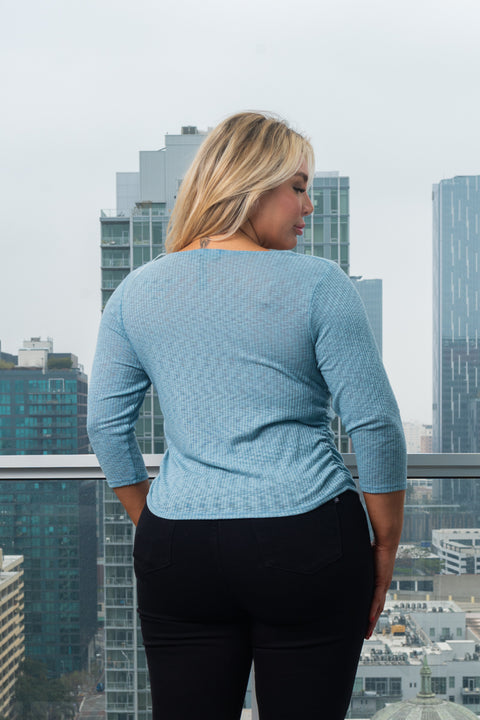 Plus Size 3/4 Sleeve Rib Knit Top with Ruched Sides in Robin Egg Blue (ZA4277A) - Wholesale Fashion Couture 