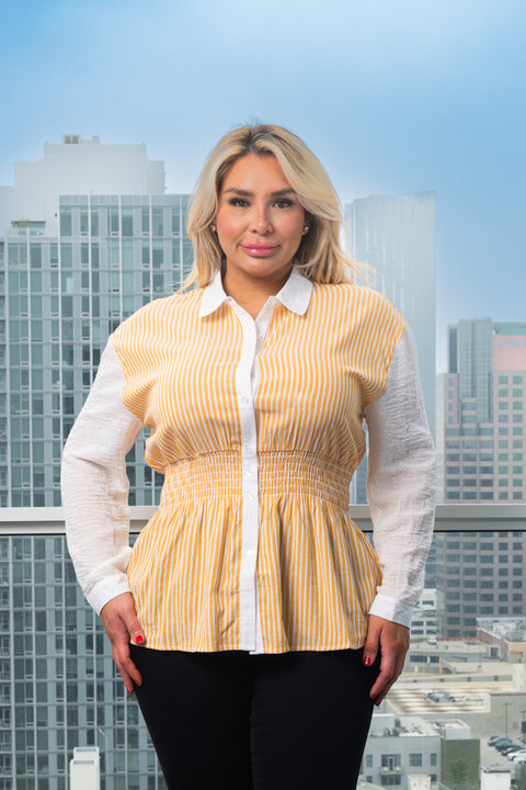 Plus Size Color Block Pin Stripe Button Down Shirt with Long Sleeves and Smocked Waist* (KT416) - Wholesale Fashion Couture 