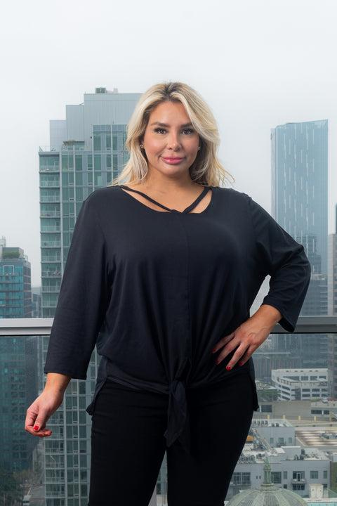 Plus Size 3/4 Sleeve Round Neck Top with Cut Out Detail and Vented Tie Front in Red (FK181312W) - Wholesale Fashion Couture 