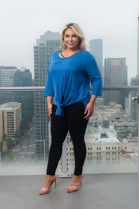 Plus Size 3/4 Sleeve Round Neck Top with Cut Out Detail and Vented Tie Front in Red (FK181312W) - Wholesale Fashion Couture 