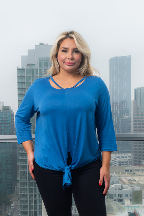 Plus Size 3/4 Sleeve Round Neck Top with Cut Out Detail and Vented Tie Front in Red (FK181312W) - Wholesale Fashion Couture 