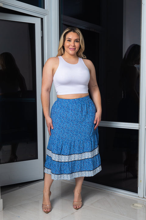 Plus Size Floral Print Long Skirt Contrast Print On Bottom With Elastic on Back And Zipper on the Side (151942) - Wholesale Fashion Couture 