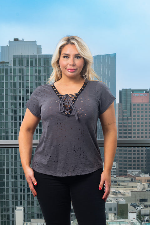 Plus Size Cut Out  Short Sleeve V-Neck Lace Up Top* (Z9143) - Wholesale Fashion Couture 