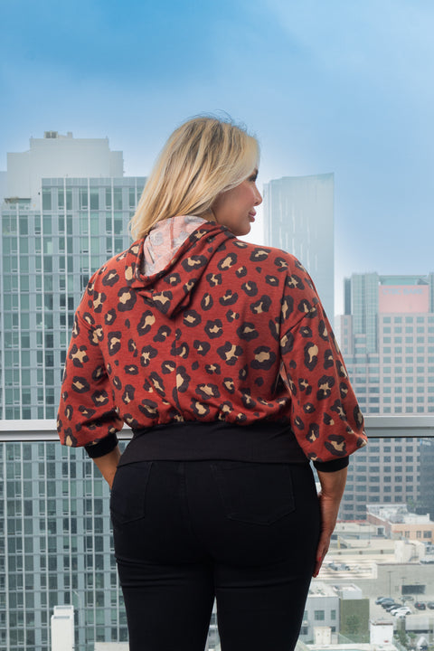 Plus Size Animal Print 3/4 Sleeve Sweatshirt With Hoodie (ZA3562-Printed) - Wholesale Fashion Couture 