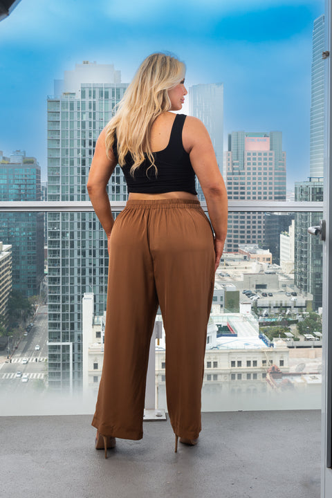 Plus Size Palazzo Pants With 4 Front Buttons, 2 Pockets and Elastic on Back In Camel (172668) - Wholesale Fashion Couture 