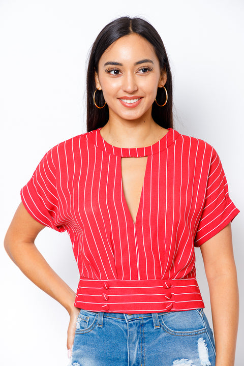 'The Office' Pin Striped Keyhole Crew Neck Short Cuff Sleeve Top with Button Accents(30061T) - Wholesale Fashion Couture 