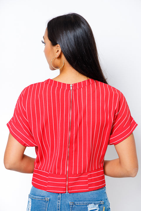 'The Office' Pin Striped Keyhole Crew Neck Short Cuff Sleeve Top with Button Accents(30061T) - Wholesale Fashion Couture 