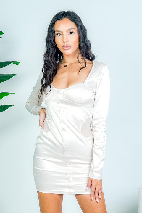 Long Sleeve Sateen Mini Dress with Sweetheart Neckline, Decorative Button Front, and Mesh Detail at Sides (JD2951) - Wholesale Fashion Couture 