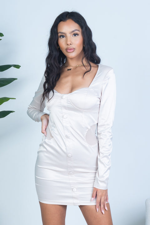 Long Sleeve Sateen Mini Dress with Sweetheart Neckline, Decorative Button Front, and Mesh Detail at Sides (JD2951) - Wholesale Fashion Couture 