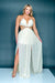 Plus Size Elegant Maxi Dress with Plunge V Neck, O-Ring & Beaded Cutout at Waist, High Slits, and Tie Back (DM2537) FN - Wholesale Fashion Couture 