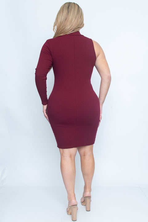 Plus Size 1/4 Zip Mock Neck One Sleeve Midi Dress (ZA3093) - Wholesale Fashion Couture 