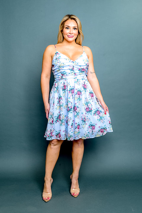 Plus Size 'Tea Party' Floral Print Spaghetti Strap V Neck Ruched A-Line Mini Dress* (CD40067P) - Wholesale Fashion Couture 