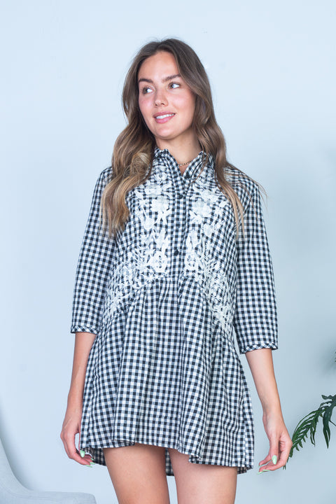 Gingham Plaid Floral Embroidered 3/4 Sleeve Button Up Mini Dress with Spread Collar (R1230) - Wholesale Fashion Couture 