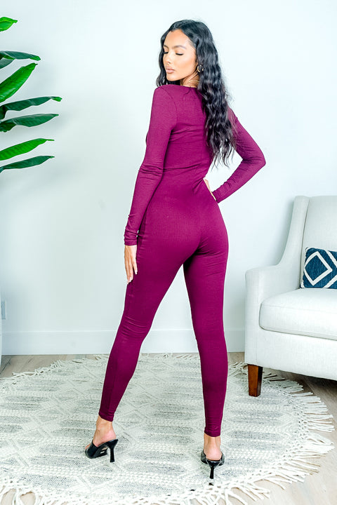 Ribbed Bandeau Ring Open Front Long Sleeve Jumpsuit (P3719) - Wholesale Fashion Couture 