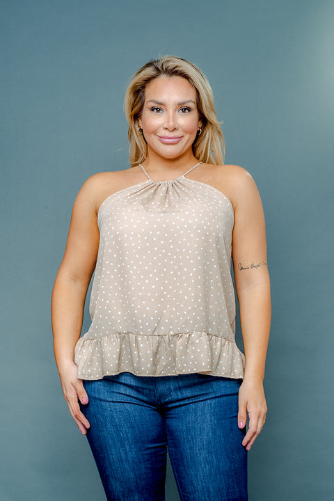Plus Size Triangle Confetti Print Halter Top with Ruffle Hem and Keyhole Back (ZA4622) - Wholesale Fashion Couture 