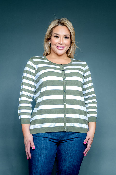 Plus Size Striped Jewel Neck 3/4 Sleeve Button Down Cardigan (SS193086W) - Wholesale Fashion Couture 