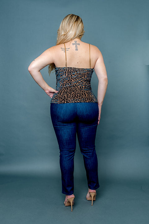 Plus Size 3D Velvet Sheer Burnout Leopard Spaghetti Strap Tank Top with Sweetheart Neckline (ZB11553F) - Wholesale Fashion Couture 