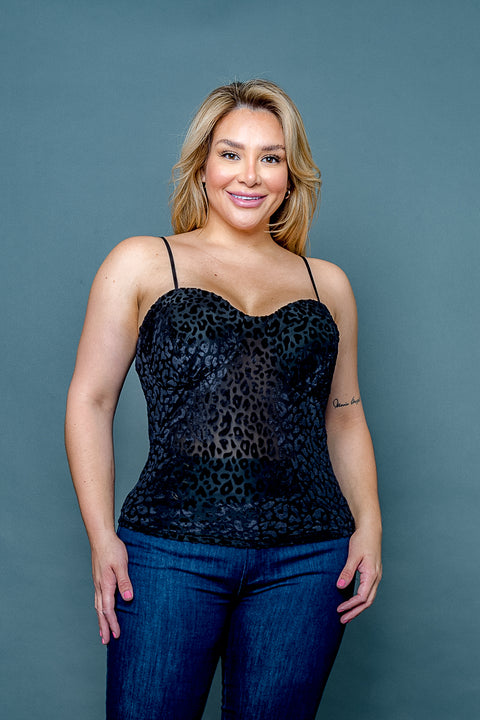 Plus Size 3D Velvet Sheer Burnout Leopard Spaghetti Strap Tank Top with Sweetheart Neckline (ZB11553F) - Wholesale Fashion Couture 