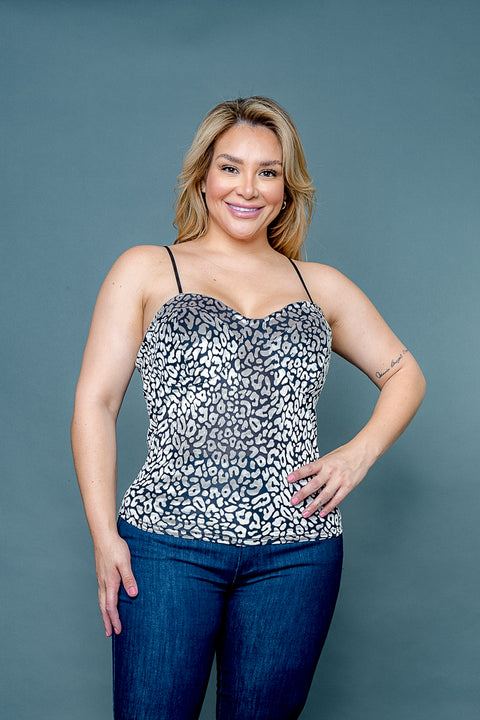 Plus Size 3D Velvet Sheer Burnout Leopard Spaghetti Strap Tank Top with Sweetheart Neckline (ZB11553F) - Wholesale Fashion Couture 