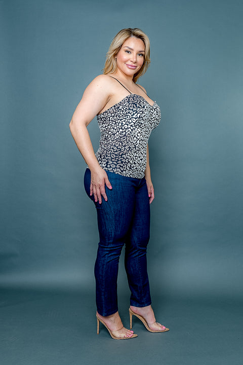 Plus Size 3D Velvet Sheer Burnout Leopard Spaghetti Strap Tank Top with Sweetheart Neckline (ZB11553F) - Wholesale Fashion Couture 