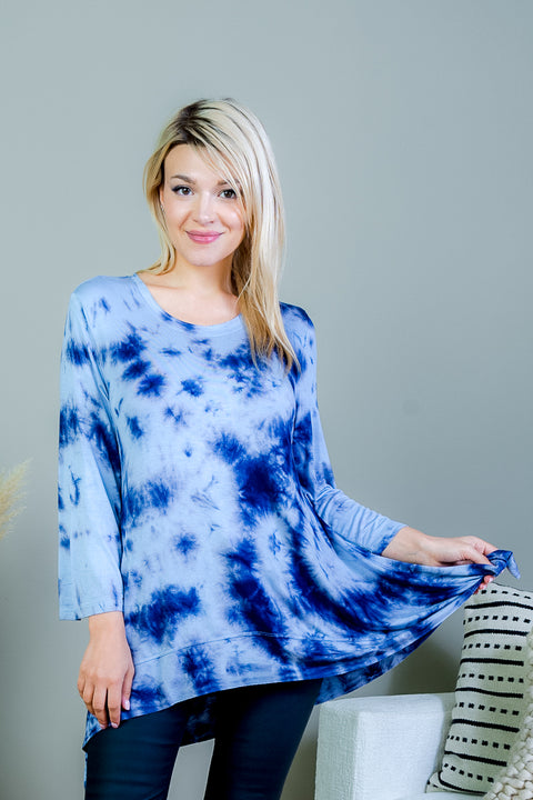 Tie Dye Relaxed Fit Long Sleeve Scoop Neck T-Shirt Top with Asymmetrical Hem (FK172238) - Wholesale Fashion Couture 