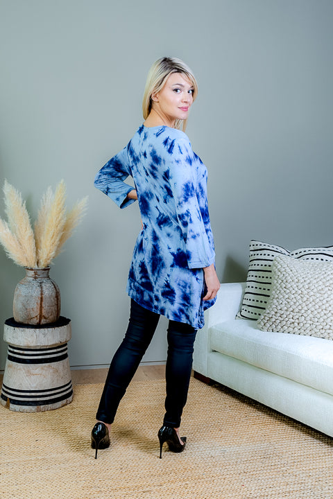 Tie Dye Relaxed Fit Long Sleeve Scoop Neck T-Shirt Top with Asymmetrical Hem (FK172238) - Wholesale Fashion Couture 