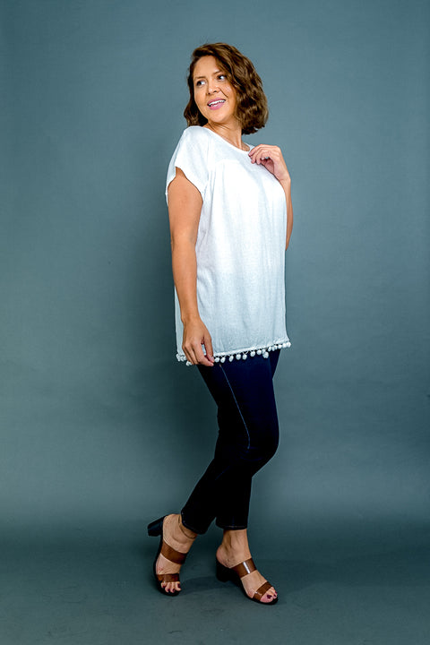 Plus Size Purple Rose Embroidered Cap Sleeve Top with Pom Fringe Hem (SK181219W) - Wholesale Fashion Couture 