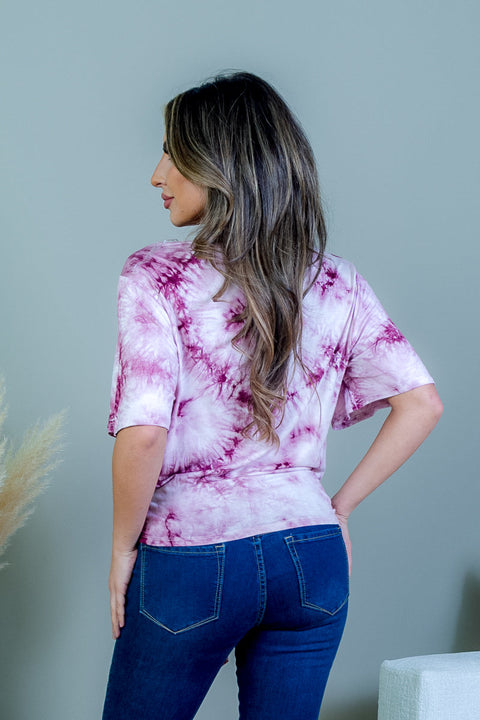 Burst Tie Dye V Neck 1/2 Sleeve T-Shirt Top with Long Tie Front (SK194125) - Wholesale Fashion Couture 