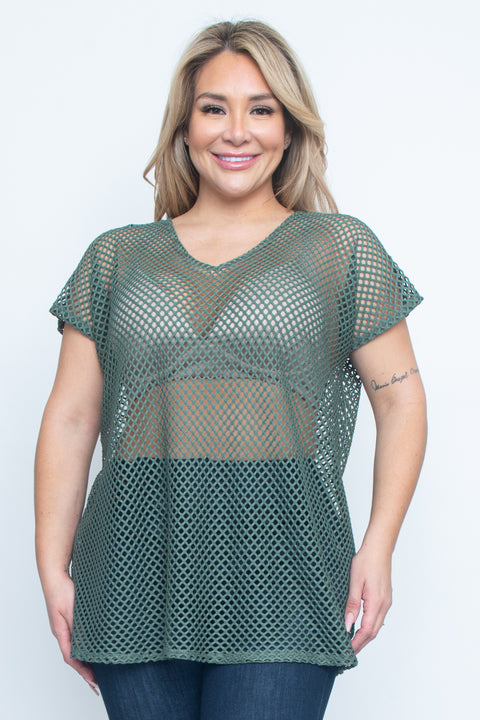 Plus Size Open Net V Neck Short Sleeve Top (ZA3382) - Wholesale Fashion Couture 