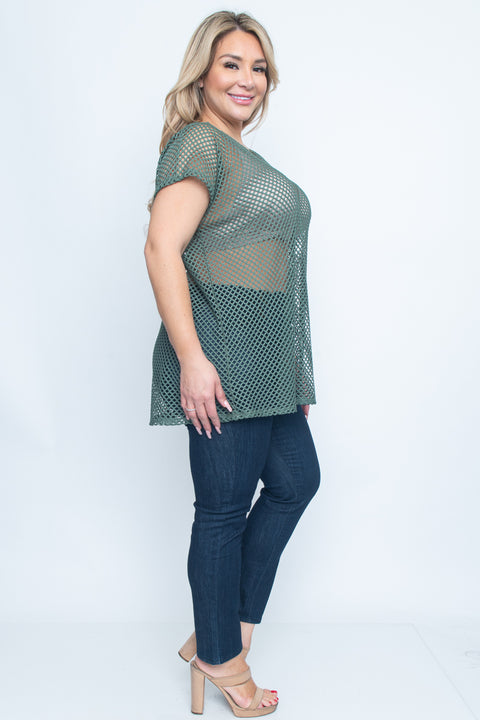 Plus Size Open Net V Neck Short Sleeve Top (ZA3382) - Wholesale Fashion Couture 
