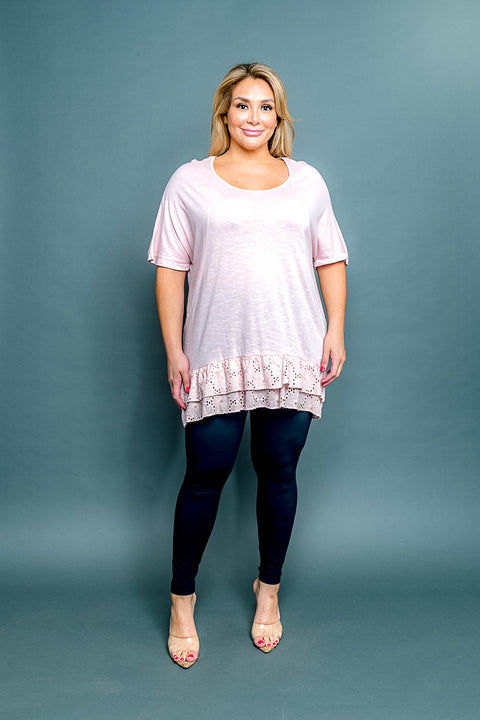 Plus Size Scoop Neck Short Sleeve Top with Floral Eyelet Back and Tiered Ruffle Hem (4311) - Wholesale Fashion Couture 