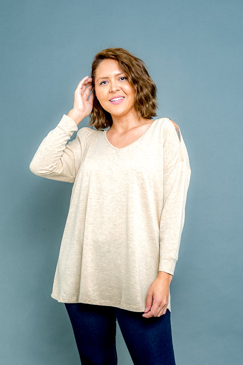 Plus Size Long Sleeve V Neck Top with Gold Accents at Slit Shoulder (FK171176W) - Wholesale Fashion Couture 