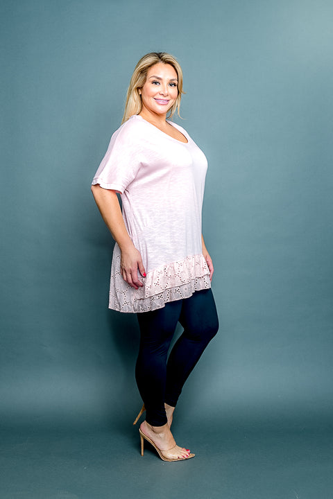 Plus Size Scoop Neck Short Sleeve Top with Floral Eyelet Back and Tiered Ruffle Hem (4311) - Wholesale Fashion Couture 