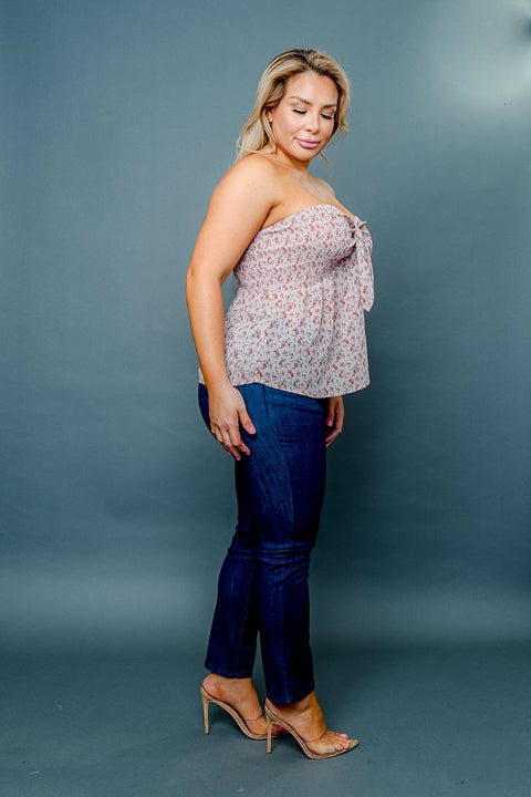 (INVENTORY PENDING) Plus Size Strapless Floral Print Smocked Sweetheart Tie Front Top (ZB11567F) - Wholesale Fashion Couture 