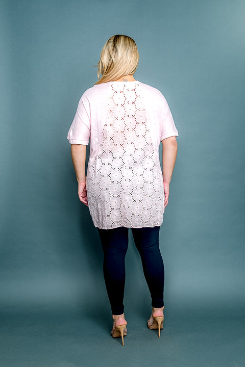 Plus Size Scoop Neck Short Sleeve Top with Floral Eyelet Back and Tiered Ruffle Hem (4311) - Wholesale Fashion Couture 