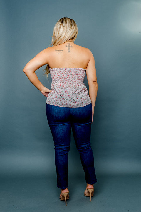 (INVENTORY PENDING) Plus Size Strapless Floral Print Smocked Sweetheart Tie Front Top (ZB11567F) - Wholesale Fashion Couture 