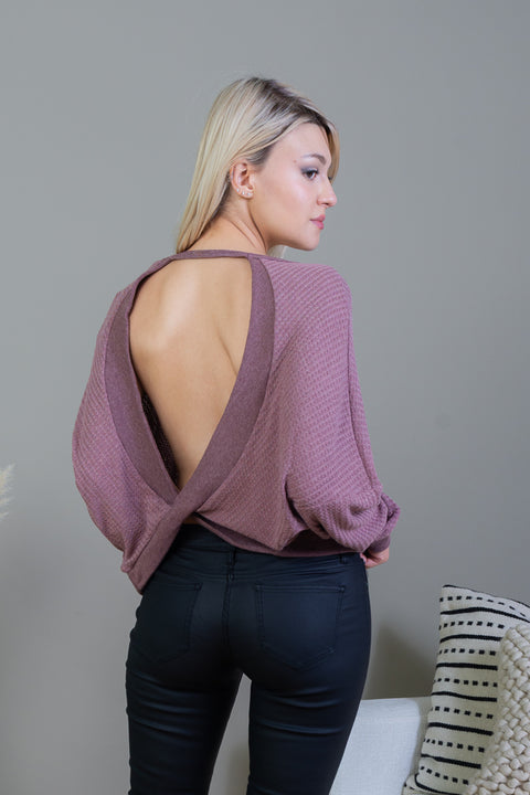 Long Sleeve Waffle Knit Crop Top Sweater with Open Criss Cross Draped Back in Dusty Mauve (T1004) - Wholesale Fashion Couture 